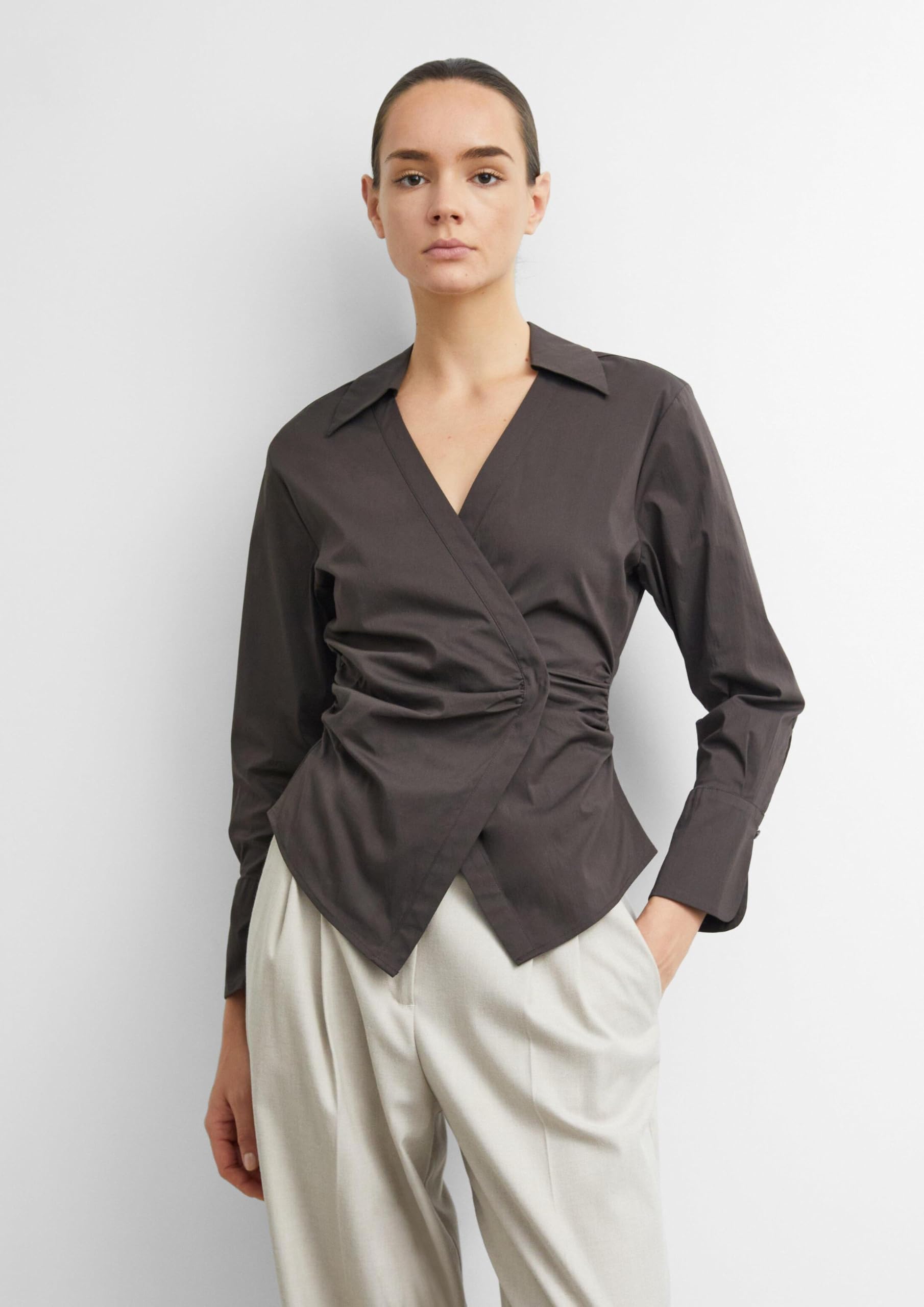 comma-blouses-wickelbluse-baumwollpopeline-beige-tailliert image 6