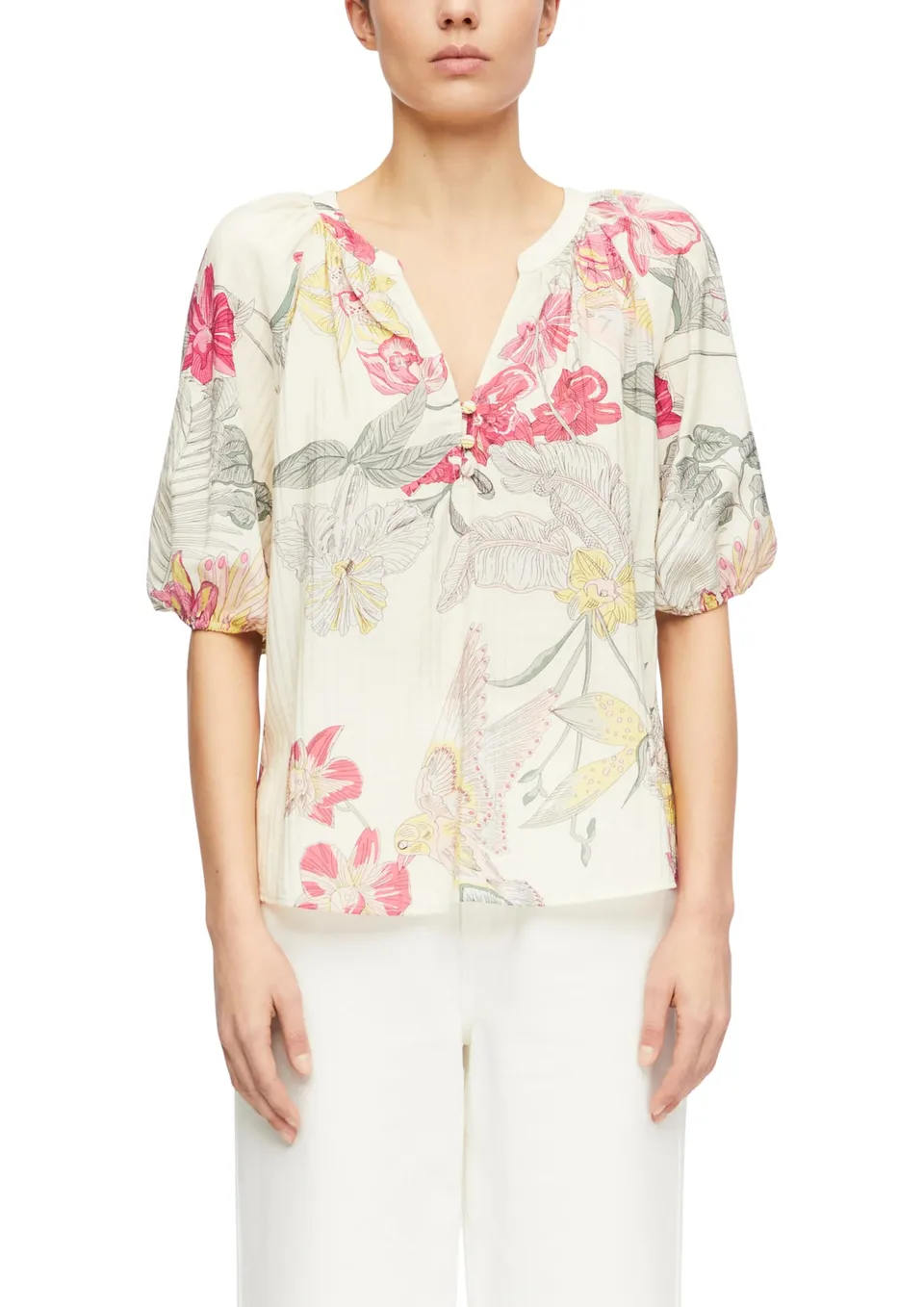 comma-bluse-tunika-ausschnitt-kurzarm-abstrakt-beige-gr-46 image 1