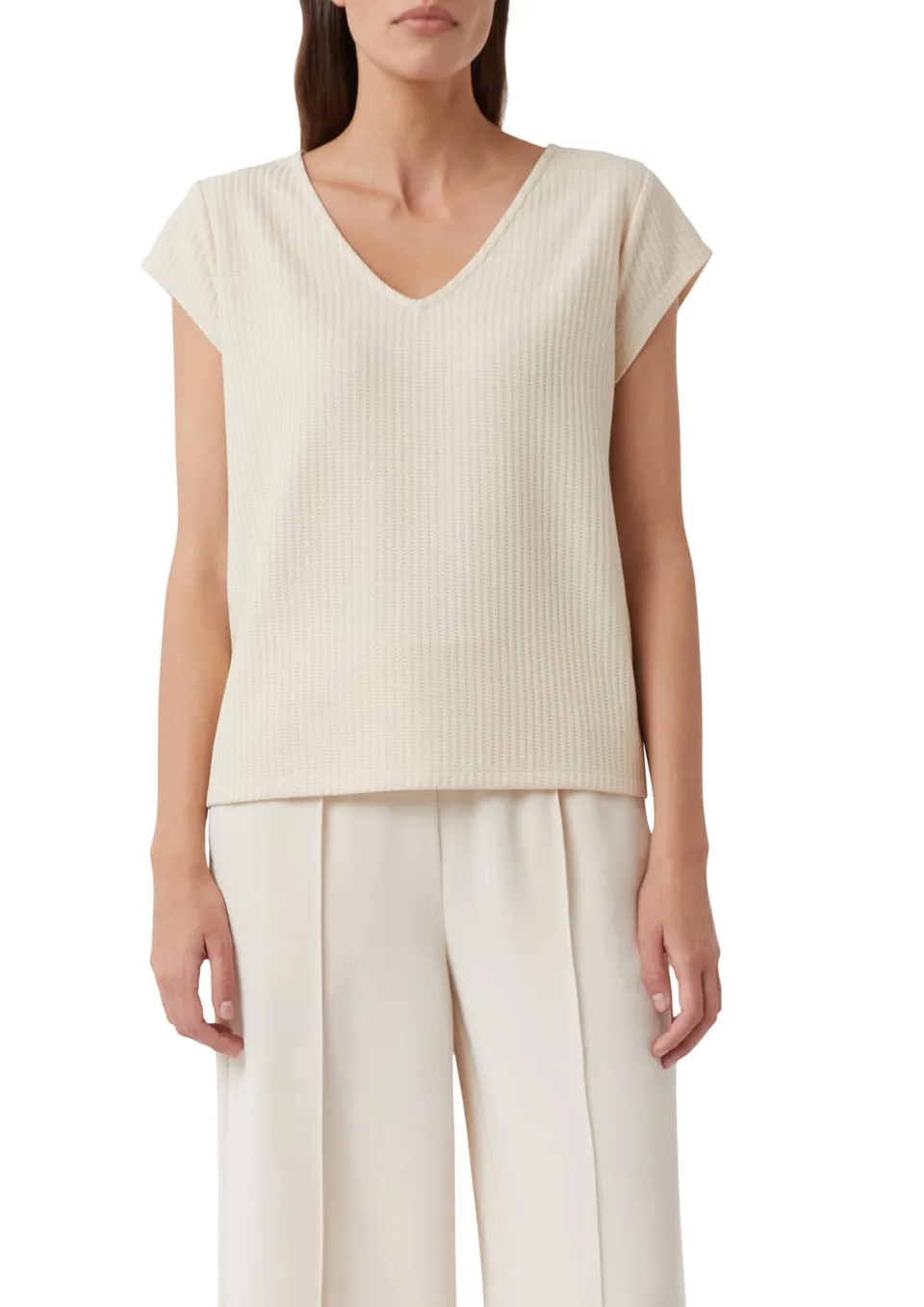 comma-jersey-t-shirt-v-ausschnitt-gr-34-beige-strukturiert image 1
