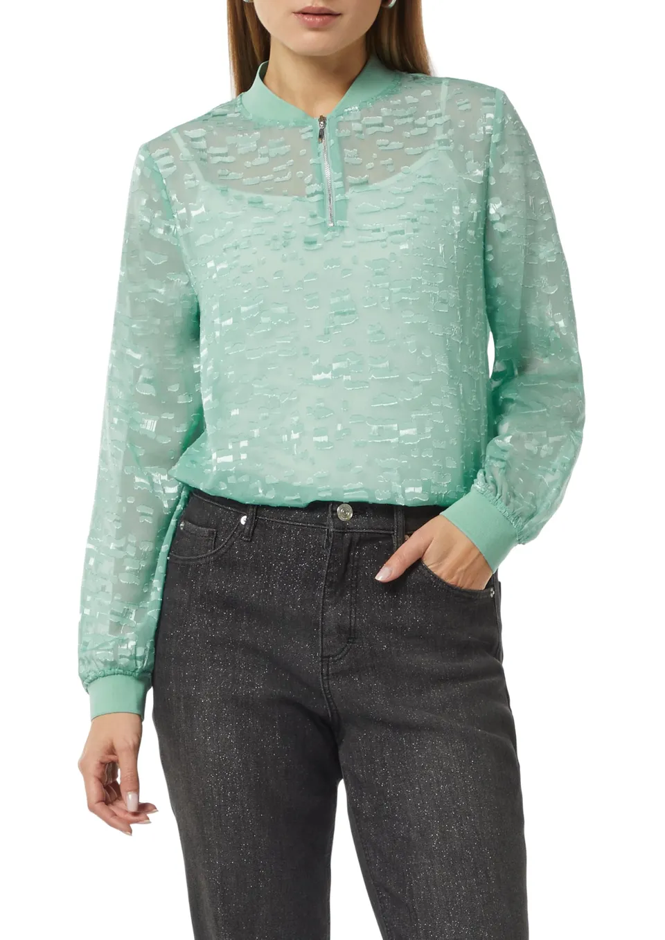 comma-jacquard-bluse-zip-ausschnitt-transparent-minze image 1